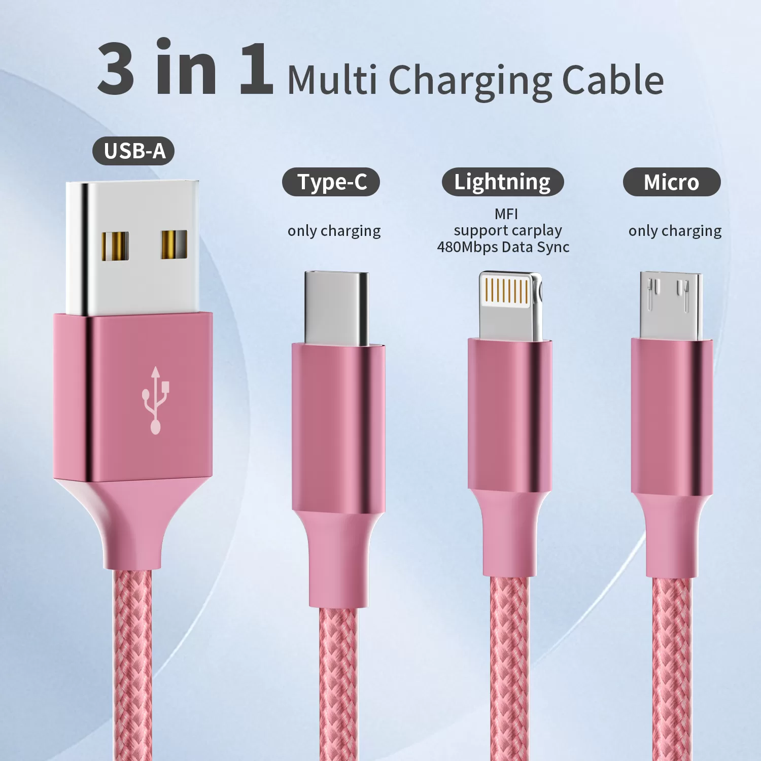 3 in 1 Fast Charging Cable Cell Phone Charger Cord for iPhone USB Type C Micro