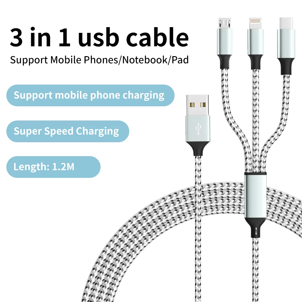 1.2m Nylon Braided 3 in 1 USB charging cable for Most Phones/iPhones/Tablets