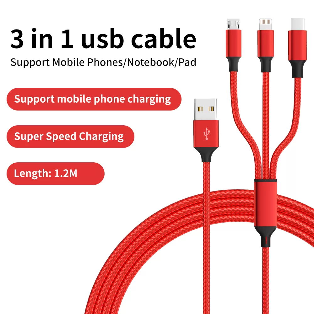 1.2m Nylon Braided 3 in 1 USB charging cable for Most Phones/iPhones/Tablets