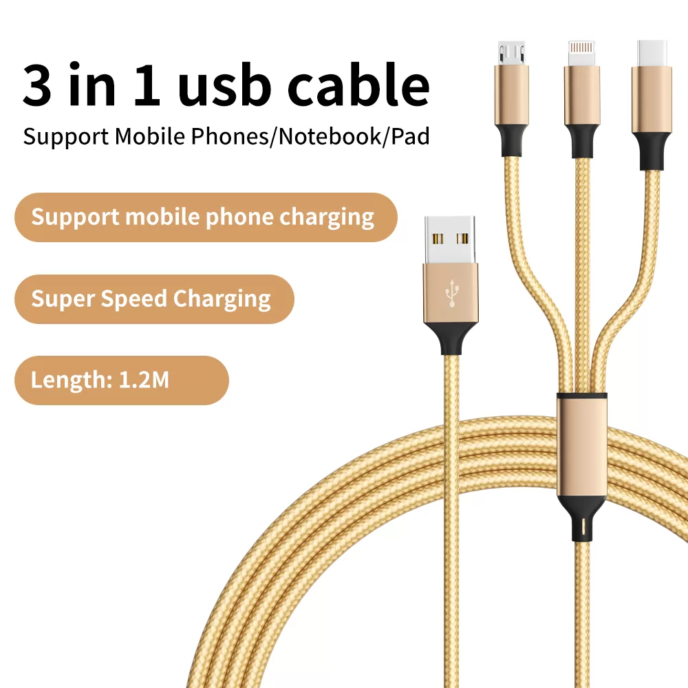 1.2m Nylon Braided 3 in 1 USB charging cable for Most Phones/iPhones/Tablets